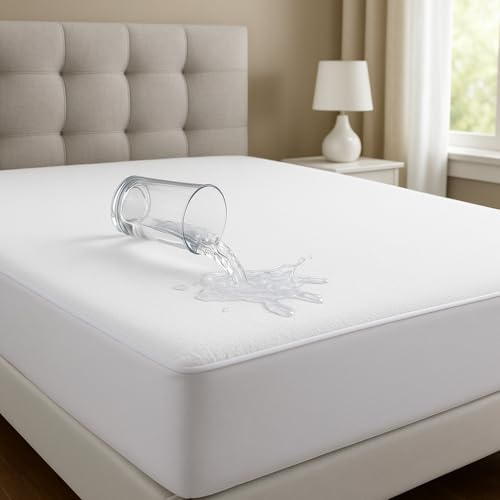 NON Sticky cotton Waterproof Terry Cotton Mattress Protector, 15 Deep Pocket Fitted Cover, Breathable Noiseless Washable, Full 54 x 75, Solid White