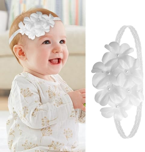 Pannband för nyfödd bebis, vitt elastiskt blommigt pannband för nyfödda