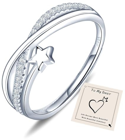 HEEYA Ring für Damen Sternring Silber 925 Plattiert Ringe mit Stern Zirkonia Offen Verstellbare Fingerring Hypoallergen Daumenringe Unisex Schmuck mit Geschenkbox - Weiß