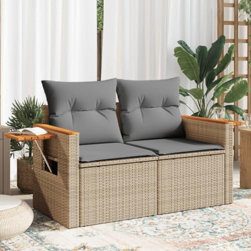 IKAYAA Divanetto da Esterno 2 Posti con Contenitore Divano da Giardino in Polyrattan Salotto da Giardino in Polyrattan Set da arredo per Esterno con Cuscini-Beige e Grigio Chiaro-2 pz