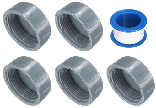 sourcing map 5Pcs 1-1/2 Inch PT Female Thread PVC Pipe Fitting Cap, Cleanout Water Drain End Caps, Pipe Plug Socket Fittings with Tape for Water Heater Supply Lines, Plumbing, Gray