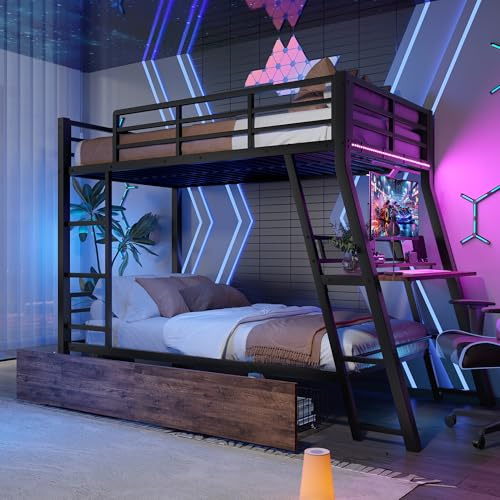 KecDuey Litera de 90 x 200 cm, cama de metal, cama individual, marco de hierro, marco de cama con barra LED, cama alta con cajones, barandilla, escalera, escritorio, sin colchón, color negro