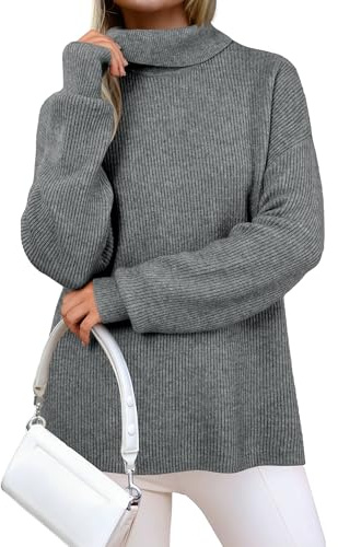 Arach&Cloz Jumpers for Women UK Wool Blend Oversize Chunky Knitted Tops Ladies Turtle Neck Autumn Winter Sweater (Grey, M)