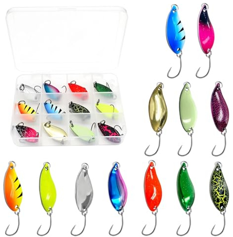 SHENGYIG Set de 12 Láminas Coloridas Cucharillas Pesca, Señuelos Pesca
