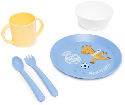 Miniland - Vajilla Infantil del Real Madrid para Bebés - Set con Plato, Bol, Vaso de Aprendizaje y Cubiertos - Libre de BPA - Desde 0 a 3 Años - Licencia Oficial Real Madrid