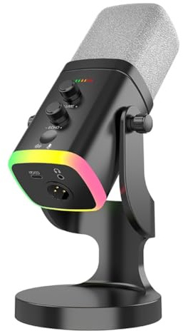 NONDK Micrófono Dinámico USB/XLR RGB para Juegos con Reducción de Ruido, Silenciador y Conector para Auriculares para Videojuegos, Streaming, Podcasts, Color Negro.
