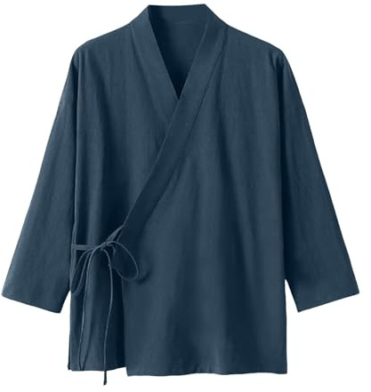 Generico Giacca leggera da donna in stile kimono – Giacca avvolgente a maniche corte effetto lino | Cardigan casual con allacciatura laterale per un look estivo minimalista