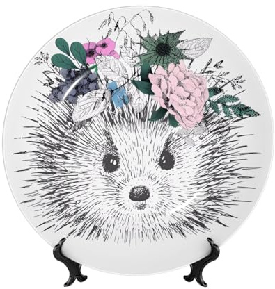 PHAYAH Plato decorativo de porcelana de hueso con soporte de erizo en patrón de corona floral para oficina, cocina, mesa, decoración para colgar en la pared, 7 pulgadas
