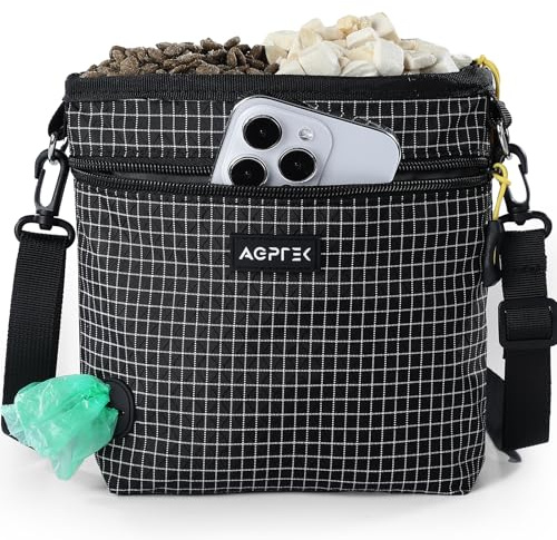AGPTEK Bolsa de Premios para Perros con Dispensador de Bolsas, Riñonera de Adiestramiento Canino Manos Libres, Bolsa Snacks Perro con Clip para Cinturón, Negro