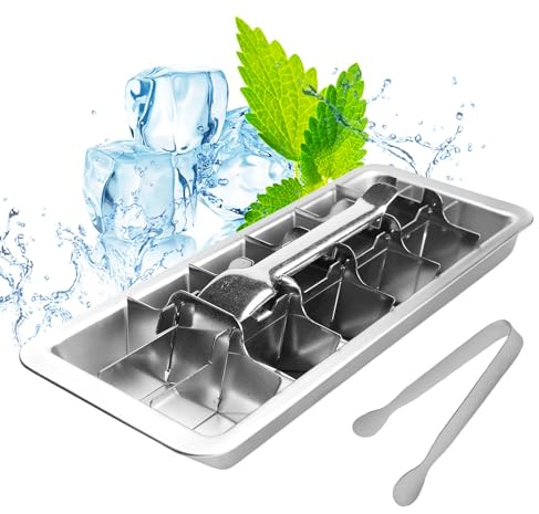 18/8 Molde de cubitos de hielo de acero inoxidable 304, bandeja para cubitos de hielo, 18 ranuras con asa, pinzas de hielo, palanca para extraer sin esfuerzo, para bebidas, whisky, gin ron
