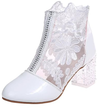 Generisch 2026 Zapatos de Mujer Elegante Encaje Flores Tacón Bloque Antideslizante Malla Rhinestone Noche Fiesta Zapatos de Novia, Blanco, 41 EU