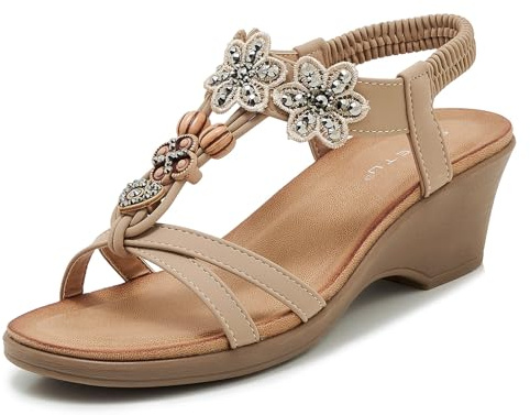 Acfoda Wedge Sandals Womens Comfort Ladies Sandal Mid Heel Bohemian | Diamante Slingback,with Ankle Strap,Summer Shoes Casual,Beach Holiday,Wedding