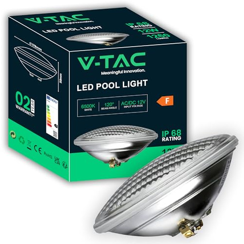 V-TAC Lámpara LED para Piscina 12W - PAR56 - Foco LED de Vidrio Antigolpes para Iluminación de Piscinas y Fuentes - 1260 Lúmenes - Luz Piscina Subacuática - Ahorro Energético - IP68 - Blanco Frío