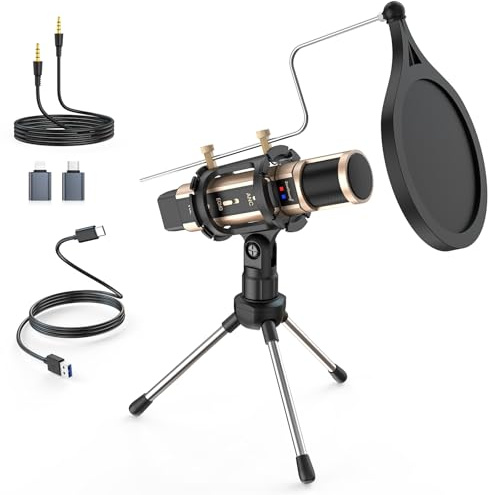 ZealSound USB Podcast Microphone for iPhone, iPad, Android, PC & Laptop, Condenser Mic with Noise Reduction, Mute, Headphone Monitoring & Echo Control for ASMR, Podcast, Streaming, Gaming
