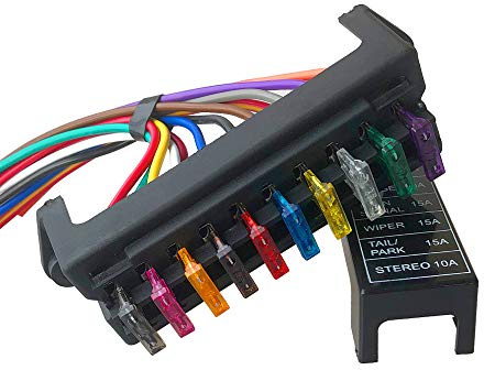 QitinDasen Premium 10 Vie Scatola Portafusibili con Filo, 2 Ingressi 10 Uscite Portafusibili, Scatola Fusibili a Lama Standard Universale, con 10Pcs Fusibile Standard Gratuito (12V/24V/36V/48V)