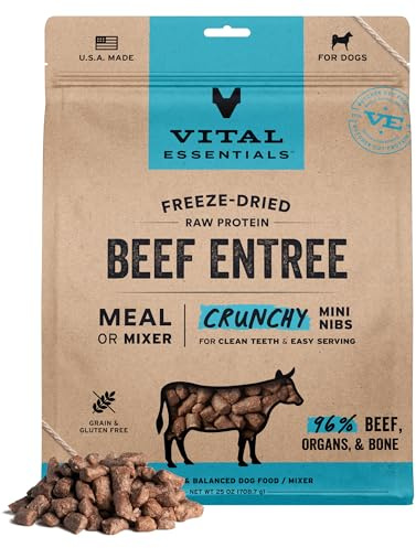 Vital Essentials Freeze Dried Dog Food, Raw Beef Crunchy Mini Nibs | Complete Meal or Topper | 96% Beef, Organs & Bone | Limited Ingredient, High Protein, Grain Free Dry Dog Food | 25 oz Bag