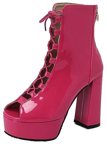 CUTEHEELS Stivali estivi da donna con lacci Peeptoe e tacco alto, Fucsia, 46 EU