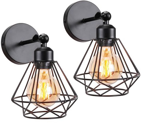 iDEGU 2 Pezzi Lampada da Parete Vintage 16CM Applique da Parete Design Gabbia Industriale E27 Illuminazione Interni Regolabile Lampada a Muro per Camera da Letto Corridoio Soggiorno (Tipo-C Nero)