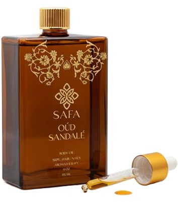 SAFA Oud Sandalé Oil – Organic Oud & Sandalwood Essential Oil for Hair, Body, Face & Nails – Arabian Perfume Oil for Women & Men - Strong & Long Lasting Fragrance 4 Fl Oz