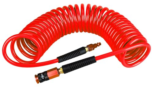 EADUTY Heavy Duty Polyurethane Recoil Air Hose 1/4 in x 25 ft, Lightweight, Flexible Compressor Hose with Universal Quick Coupler, I/M Plug and Bend Restrictors, Red