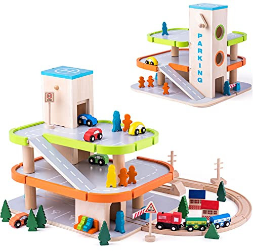 Auto Garage/Parkhaus - mit 3 Ebenen aus Holz - incl. Auto + Figuren - Autos - Holzeisenbahn/Eisenbahn - passend mit Schienensystem - paßt zu Allen gängige..
