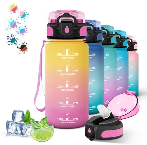 Gourde pour enfants - 500 ml - Avec paille - Facile à nettoyer - Anti-fuite - Pour l'école, les voyages, le camping, la course - Jaune/rose
