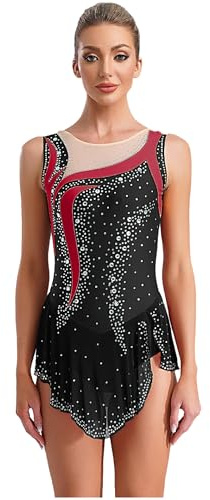 Fldy Vestido Corto de Baile con Purpurina para Mujer, sin Mangas, Patinaje artístico, Traje de Ballet, Strass, Patchwork, Maillot de Patinaje artístico, Gimnasia, Danza, Negro, S