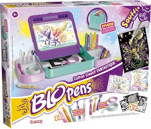 Lansay | BLOPENS Coffret CRÉATIF Fantastique | Kit de Dessin Enfants avec Feutres Souffleurs, Pochoirs, Effets Aérographe et Paillettes | Activité Créative et Ludique dès 5 Ans | Accessoires Inclus