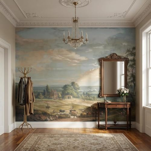 Sunny Graphics Print Nature Photo Mural Printed Landscape Wallpaper Wall Covering of Countryside Painting with Trees, Animals Farm Life Home Office Decoration