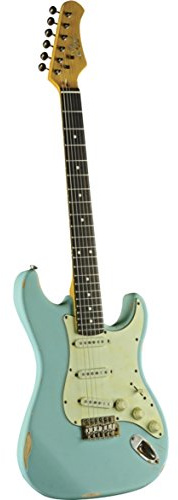 EKO GUITARS- S-300 Relic Daphne Blue, Chitarra Elettrica con Finitura Relic, corpo in Pawlonia, Manico in Acero Americano, Tastiera 22 Tasti in Resina Eko WPC, Colore Daphne Blue