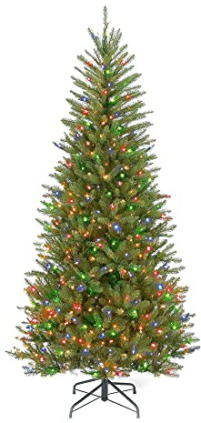 National Tree Company 6.5 ft Pre-Lit Dunhill Fir Slim Artificial Christmas Tree, 500 Multicolor Lights, 1,184 Tips, Includes Stand, Green