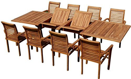 ALEOS. Teak Gartengarnitur Gartenset Sitzgruppe Ausziehtisch Tobago 200-250-300x100 cm mit 8 Stapelsessel Alpen aus Teakholz Gartenmöbelset Esstischgruppe Sessel stapelbar