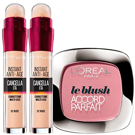 2x Maybelline New York Il Cancella Età Correttore Liquido Multiuso Colore 02 Nude con Applicatore a Spugnetta + 1x Blush Colore 120 Rose Santal Con Applicatore e Specchietto