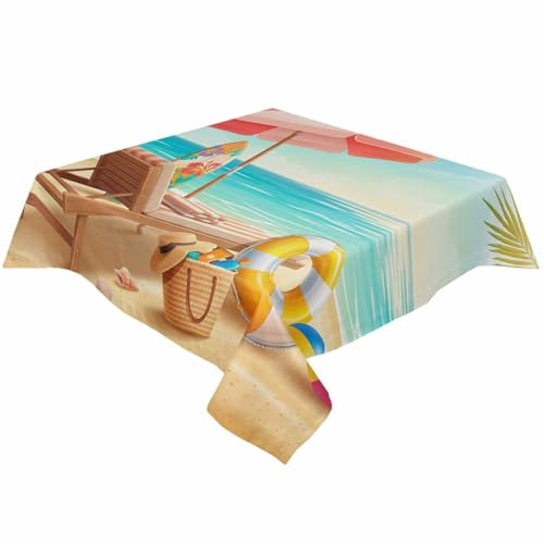 TocaHome Table Cloth Linen Waterproof Table Cover Anti-Wrinkle Tablecloth Summer Sandbeach Umbrella Deckchairs Ocean Palm Pattern Tabletop Covers for Dinning Restaurant Cafe 54x54 Inch
