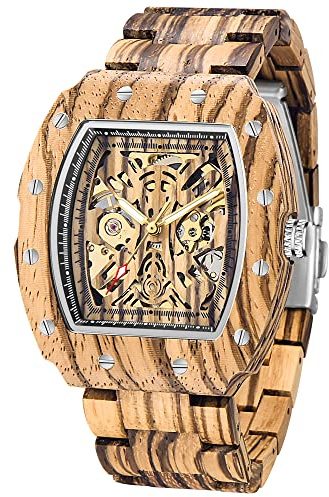 Dentily Mechanical Wooden Watch Rectangle Automatic Movement Men's Wooden Watch Self-Winding Watches for Men