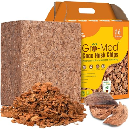Gro-Med Coco Husk Chips for Plants (10lb) Compressed Coconut Chips Expands Upto 16 Gallon Coco Coir Mulch for Gardening,Potting & Garden Soil -Orchid Bark Alternative,OMRI Listed,Low EC & pH Balanced