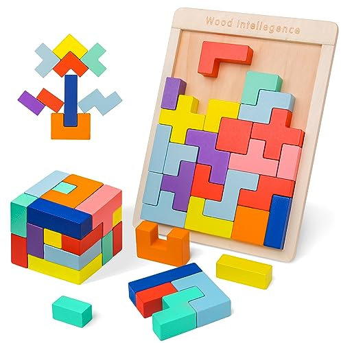 VORHOT Puzzle 3D di Legno Tetris, Giochi Montessori Bambini 3 4 5 6 Anni, Cervello Giocattoli con 30 Colorato Blocchi Geometrici, Intelligenza Jigsaw Rompicapo, Regali Educativi per Bambini