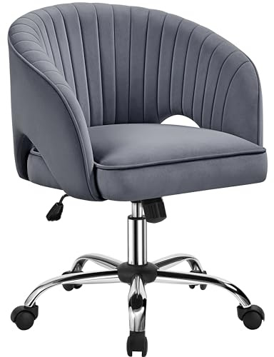 Yaheetech Modern Velvet Desk Chair, Makeup Vanity Chair with Tufted Barrel Back Height Adjustable Accent Armchair Swivel Task Chair for Home Office Dark Gray