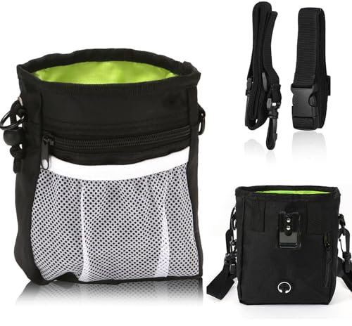Tomtary Dog Treat Pouch Durable Black Large Dog Treat Bag with Adjustable Shoulder Strap Waist Belt and Clip Puppy Training Walking Bag with Poop Bag Multi Pocket Easily Carrying Food Toys