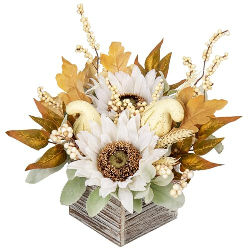 Oairse Herbstdeko Kunstblumen in Holzvase mit Herbstdeko Kürbis Herbstblätter, Herzstück für Herbsthochzeit, Herbst-Wohnkultur, Thanksgiving-Dekoration, Halloween Deko