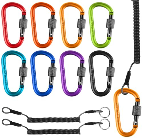 DONQL 10Pezzi Moschettoni con Tappo a Vite, Moschettoni con Chiusura, 10Pezzi Portachiavi a Spirale Moschettone con Cordino a Molla, Moschettone Arrampicata in Alluminio per Altalena Campeggio Pesca