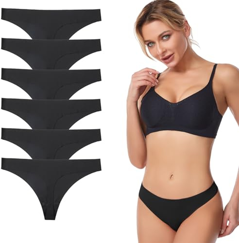 String Coton Femme Invisible Tanga Lot de 6, Taille Basse String sans Couture Ajustement Confortable Culotte Femme pour Travail Loisirs Sports L C-6 Noir