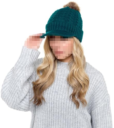 A2Z Dammössa Kabelstickad toppad sherpafodrad Avtagbar fuskpäls Pom Pom Mössor Slitstark - Hat LH873 Green One Size