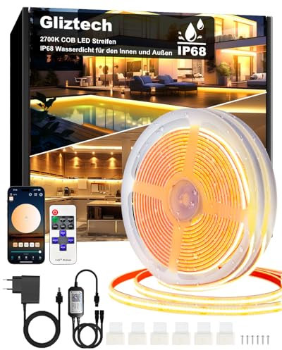 Gliztech 30M Tira LED COB impermeable IP68, 2700K Autoadhesiva Blanco Tira LED para exteriores con alimentación de 24V, BT APP y Control Remoto para Aleros, Jardines, Piscinas, Terrazas, Cocinas