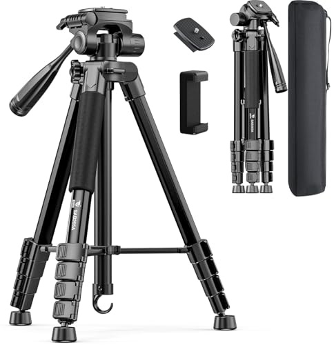 73 Camera Tripod Stand, Aluminum Tripod with Phone Holder, Travel Bag, Compatible with GoPro/DSLR/Cell Phone/Camcorder, Max Load 8.8LB (Black)