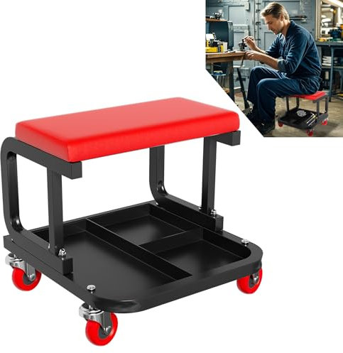 UISEBRT Werkstatthocker Mobiler Werkstattsitz mit Ablage und Rollen Garagenhocker Arbeitshocker Tragkraft 150 kg für Werkstatt Fahrzeugpflege Maschinenwartung und Heimwerken (Rechteckig)