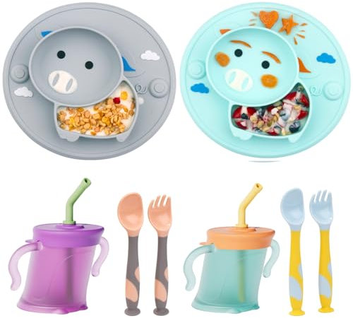 Lot de 2 Assiettes pour tout-petits en silicone incassable Antidérapantes assiette bebe, 2 Gobelet D'apprentissage avec 2 fourchettes et 2 cuillères Pour les tout-petits et l'auto-alimentation