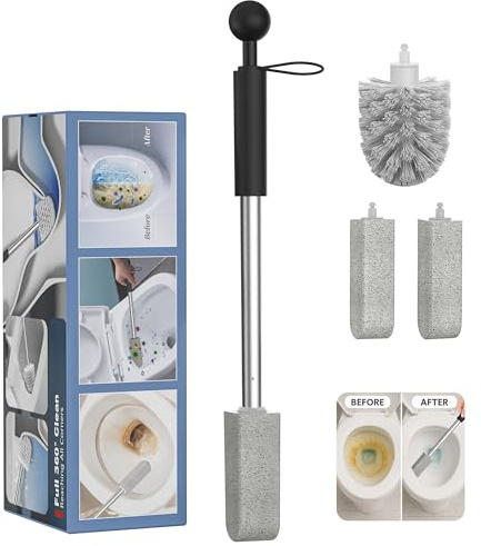 Toilet Bowl Cleaner Brush and Holder Set, Pumice Stone with Handle for Cleaning, 16.14 Inch Hard Water Stain Remover with 2 Different Types of Scrubbing Brushes, Wall Mounted Scouring Stick Household
