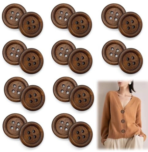 DHER 20 Stück Holz knöpfe holz holzknöpfe schöne Holzknöpfe 4 Loch Runde Knöpfe, Hemd Kleidung Mantel Holzknöpfe Nähen Zubehör (Kaffeefarbe, 20mm)