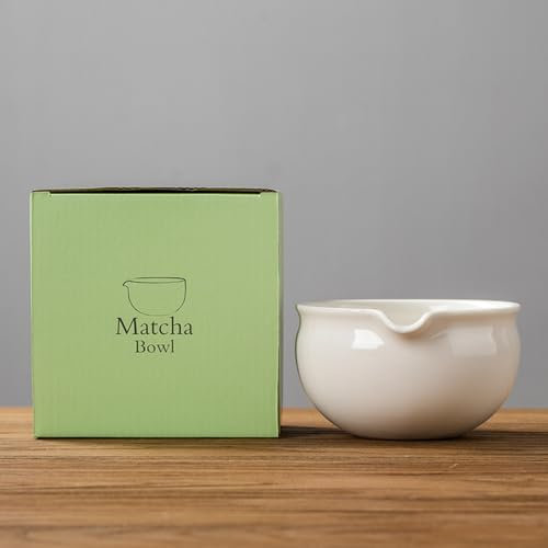 YlobdolY Tazón de cerámica para matcha con boquilla de vertido, tradicional hecho a mano de porcelana esmaltada de color sólido, cuenco para mezclar té matcha japonés con caja de regalo para batir
